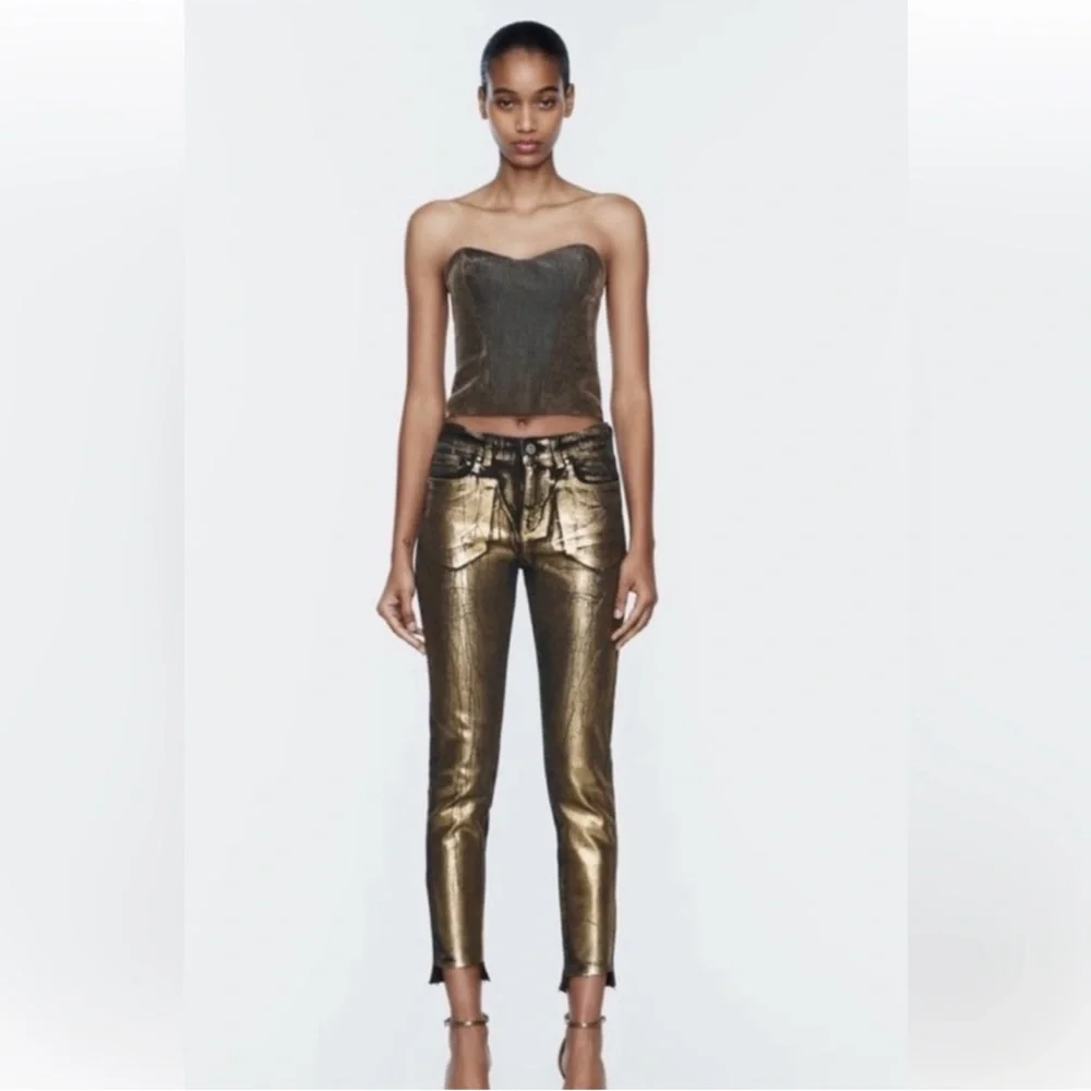NWOT ZARA Metallic Cyber Gold Slim Crop Pants - Women size 4